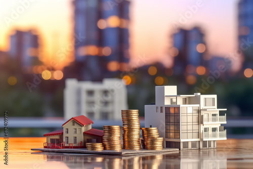 Real Estate Investment Concept: Miniature Houses with Stacked Coins - Property Value, Financial Growth, Housing Market, Urban Development, Asset Management, Economic Stability, Investment Strategy