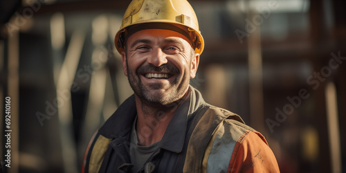 Construction Worker Portrait: Smiling Professional on Site - Industrial Workforce, Safety Gear, Construction Industry, Skilled Labor, Job Satisfaction, Engineering, Teamwork, Hardhat Professional