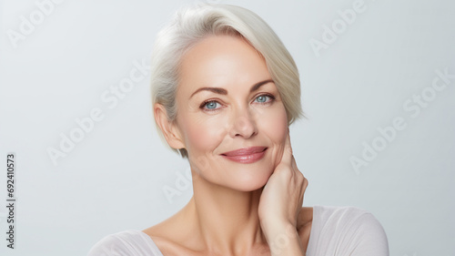 Middle-aged woman fresh face beautiful glowing healthy skin Isolated on white background.for skincare products.