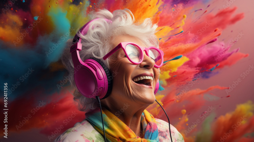 Fototapeta premium Senior lady, headphones, adorned in vibrant colors. Stylish, tech-savvy and modern elder in a lively setting. On a vibrant journey with a touch of energetic flair.