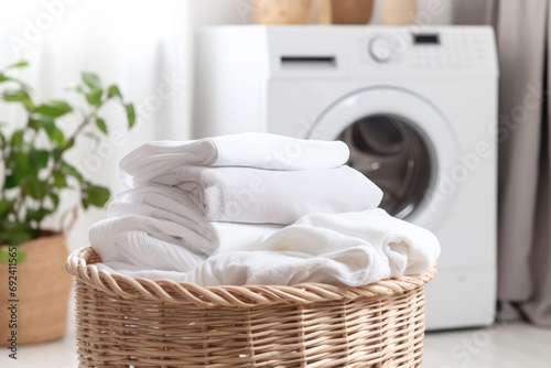 Stack of clean bedding sheets on blurred laundry room background