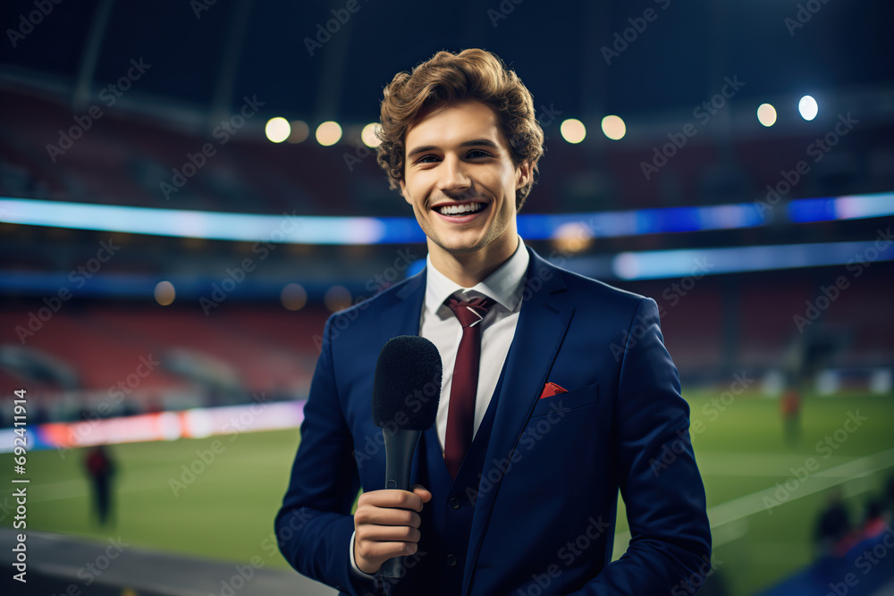 Male reporter with microphone at the stadium - obrazy, fototapety, plakaty 