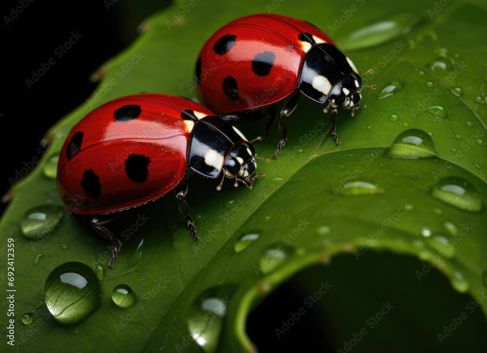 Brilliant red ladybugs with black spots on a lustrous green leaf, adorned with morning dew droplets. Brilliant red ladybugs with black spots on a lustrous green leaf, adorned with morning dew droplets.