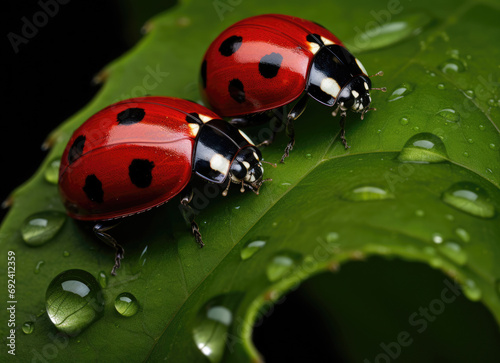 Brilliant red ladybugs with black spots on a lustrous green leaf, adorned with morning dew droplets.