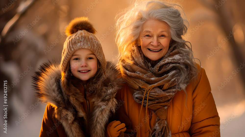 family profile picture for social media,  grandma and granddaughter on a walk, casual photography

