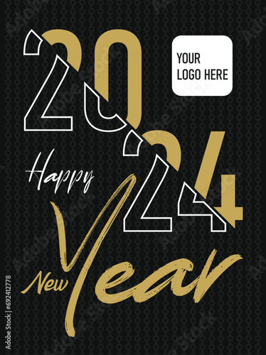 Happy new year 2024 square template, Greeting concept for 2024 new year celebration Golden and Black Color Banner