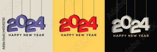 Happy new year 2024 square template with 3D hanging number. Greeting concept for 2024 new year celebration
