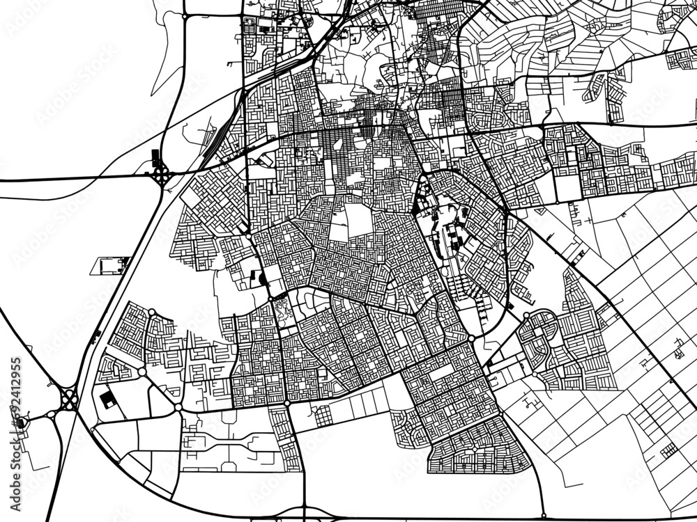 Naklejka premium Vector road map of the city of Al Hufuf in the Kingdom of Saudi Arabia with black roads on a white background.