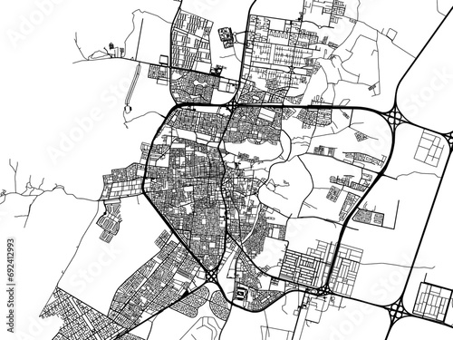 Vector road map of the city of Ha'il in the Kingdom of Saudi Arabia with black roads on a white background.