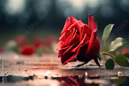Red Rose on the Ground with Blur Bokeh Background. Valentine's Day, Lonely Day, Breakup, Wedding, Mother's Day, Women's Day, and Marriage Celebration. Banner or Poster Design #692413963