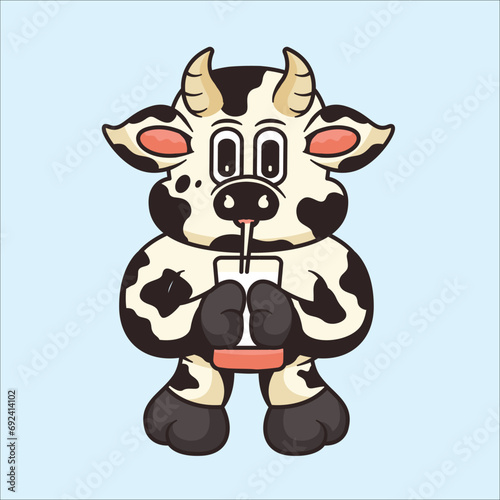 Cute cow drinking milk mascot cartoon vector icon illustration