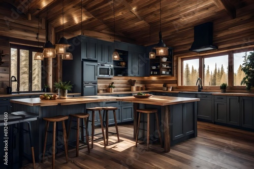 cozy wooden cabin interior with modern kitchen.