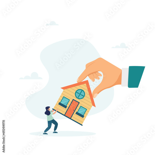 A bankrupt girl fights to hold on to her house with a big legal hand, it is legally evicted, evicted and foreclosed on. Vector illustration.
