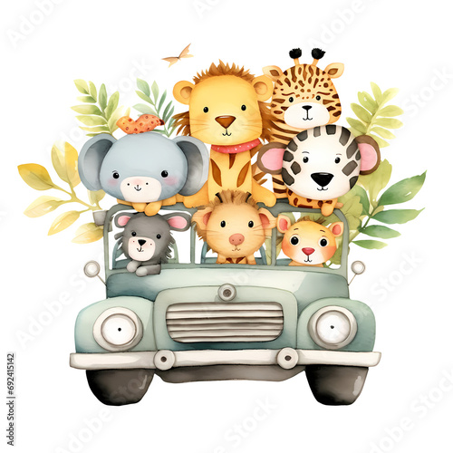 Cute Little Safari Animals In Car Watercolor Clipart Illustration