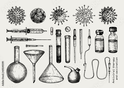 Antiviral therapy and vaccination set. Hand drawn vector illustrations. Vaccine in bottles, laboratory equipment, different virus sketches. Medical design elements. Covid-19 drawing
