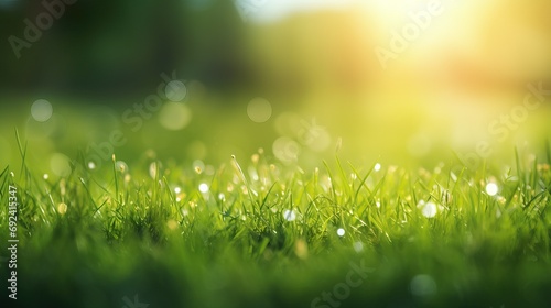 Bokeh Photo of Green Meadow at Sunrise. Background or Texture Design