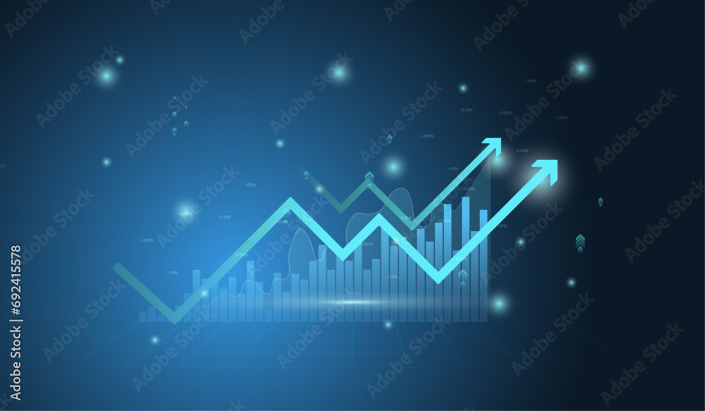 Financial chart with moving up arrow graph and world map in stock market on blue color background vector, illustration