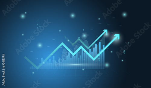 Financial chart with moving up arrow graph and world map in stock market on blue color background vector, illustration