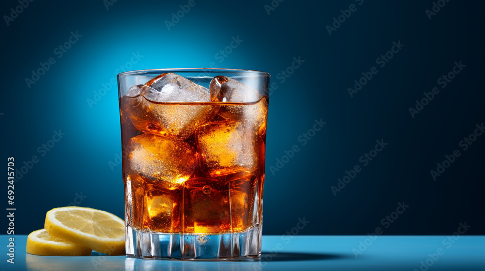 A glass of cold iced tea on a blue background A glass of cold iced tea on a blue background