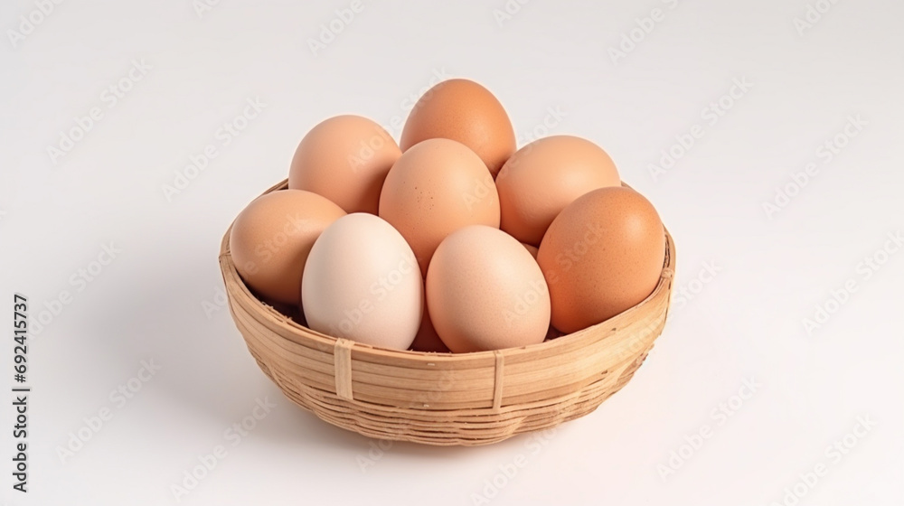 A basket with eggs on a white background