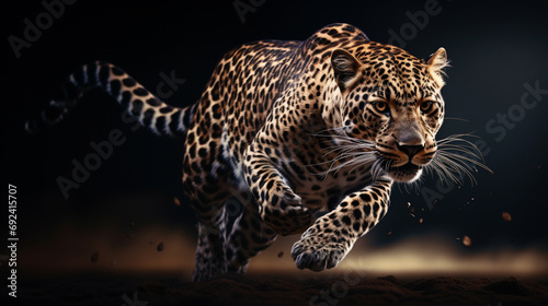 A leopard in motion on a black background