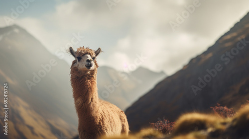 A llama on a mountainous terrain