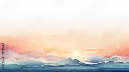 Waves at sunrise in watercolor, clipart style