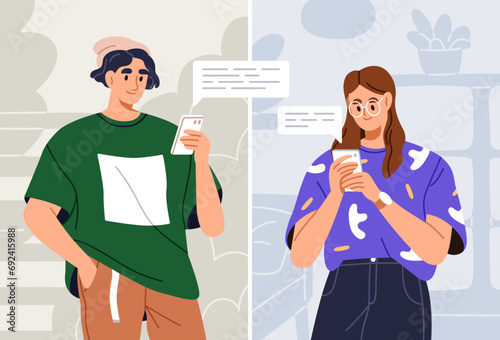 Texting messages online. Man and woman couple with mobile phones during internet communication in live chat. Friends using smartphones, messenger, social media to communicate. Flat vector illustration