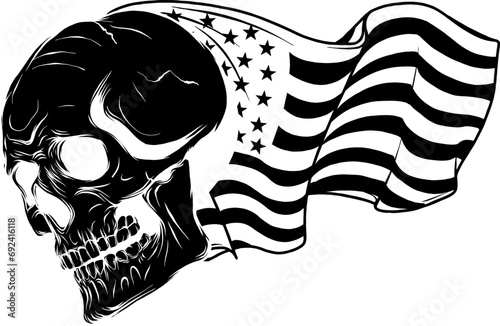 black silhouette of skull emblem with usa flag vector
