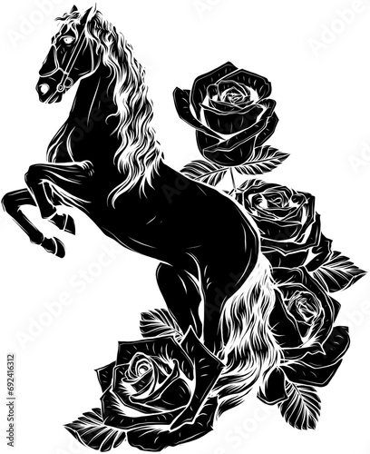 black silhouette of Beautiful horse with roses. Vector drawn illustration