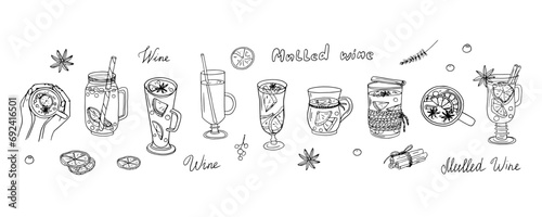 Set of mulled wine in glasses or mugs of different sizes and shapes. Cinnamon, orange, berries. Alcoholic and non-alcoholic drinks. Traditional drink in winter, before Christmas. Hand drawn