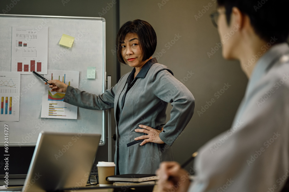Serious senior businesswoman standing in front of flip chart explaining task at meeting.