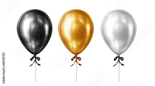 set of helium balloons  gold  black  silver  with ribbon isolated on white backgroun