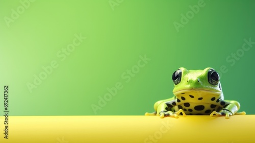 A little green frog sits on a yellow table on a green background a banner with space for your text
