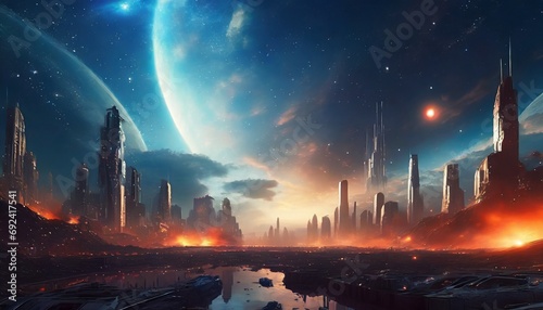 Space city in space with planets in the background for wallpaper, banners, artistic prints