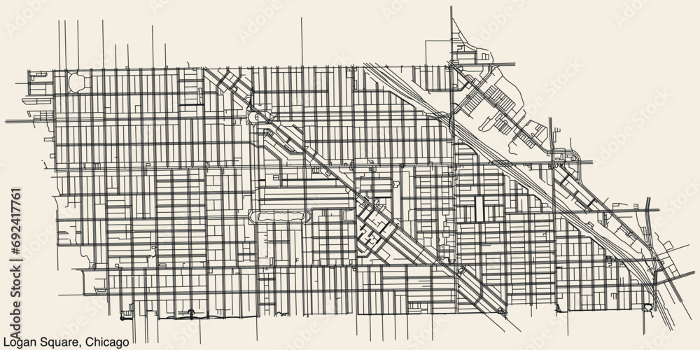 Detailed hand-drawn navigational urban street roads map of the LOGAN SQUARE COMMUNITY AREA of the American city of CHICAGO, ILLINOIS with vivid road lines and name tag on solid background