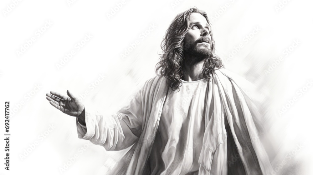 Jesus Christ illustration holding hand in black and white