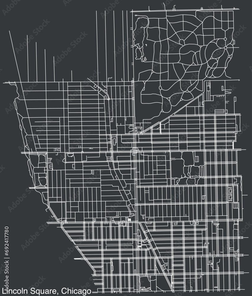 Detailed hand-drawn navigational urban street roads map of the LINCOLN SQUARE COMMUNITY AREA of the American city of CHICAGO, ILLINOIS with vivid road lines and name tag on solid background