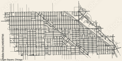 Detailed hand-drawn navigational urban street roads map of the LOGAN SQUARE COMMUNITY AREA of the American city of CHICAGO, ILLINOIS with vivid road lines and name tag on solid background