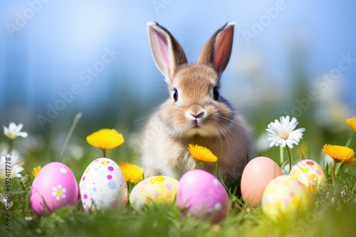 Cute Easter bunny with decorated eggs and spring flowers on a green spring landscape.by Generative AI