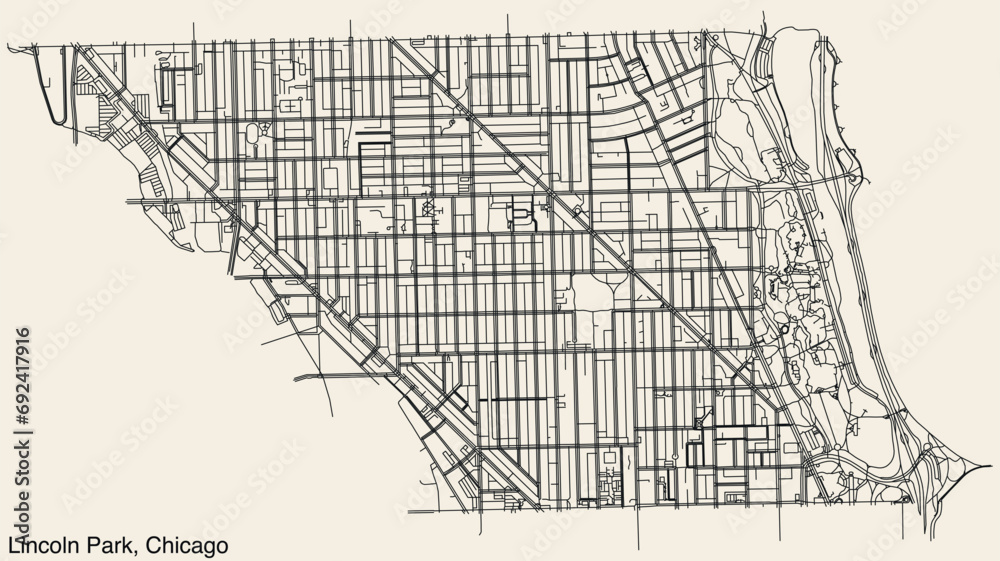 Fototapeta premium Detailed hand-drawn navigational urban street roads map of the LINCOLN PARK COMMUNITY AREA of the American city of CHICAGO, ILLINOIS with vivid road lines and name tag on solid background