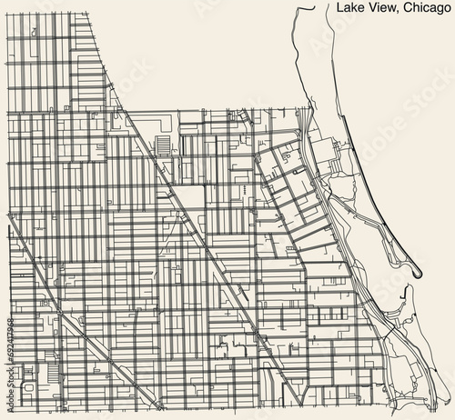 Detailed hand-drawn navigational urban street roads map of the LAKE VIEW COMMUNITY AREA of the American city of CHICAGO, ILLINOIS with vivid road lines and name tag on solid background