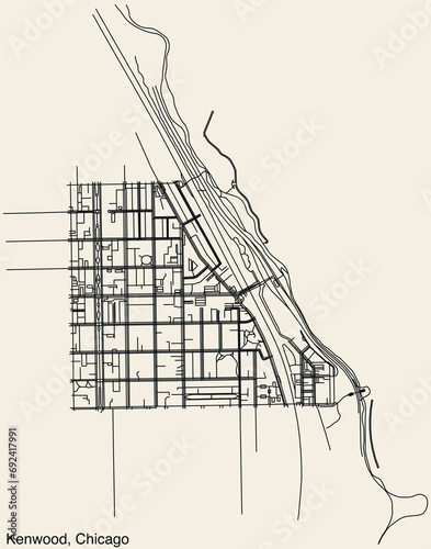 Detailed hand-drawn navigational urban street roads map of the KENWOOD COMMUNITY AREA of the American city of CHICAGO, ILLINOIS with vivid road lines and name tag on solid background photo