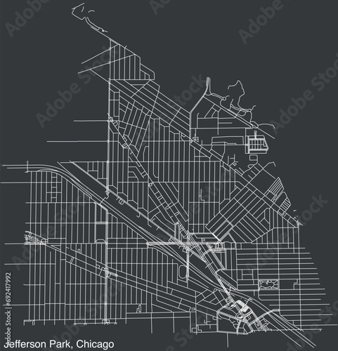 Detailed hand-drawn navigational urban street roads map of the JEFFERSON PARK COMMUNITY AREA of the American city of CHICAGO, ILLINOIS with vivid road lines and name tag on solid background