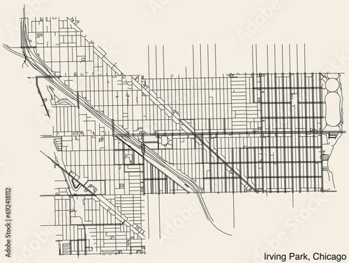 Detailed hand-drawn navigational urban street roads map of the IRVING PARK COMMUNITY AREA of the American city of CHICAGO, ILLINOIS with vivid road lines and name tag on solid background