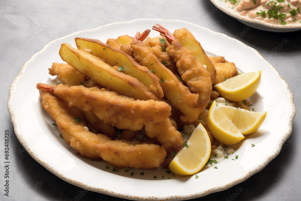 tartar sauce. Fried potatoes with seafood and tartar sauce, close-up. Generative AI tartar sauce. Fried potatoes with seafood and tartar sauce, close-up. Generative AI