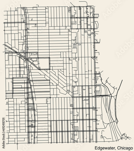 Detailed hand-drawn navigational urban street roads map of the EDGEWATER COMMUNITY AREA of the American city of CHICAGO, ILLINOIS with vivid road lines and name tag on solid background