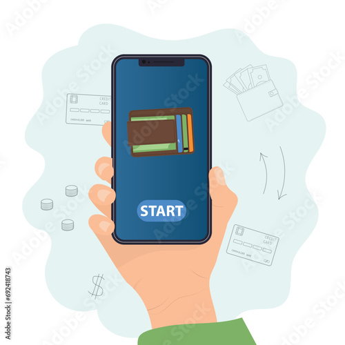 Digital wallet app on mobile phone concept. Hand holding smartphone with wallet on the screen. Vector illustration