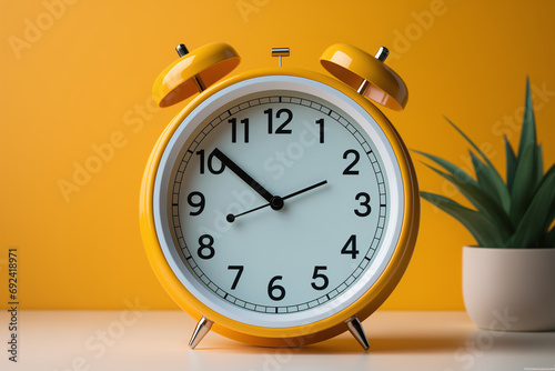 Close up one yellow metal twin bell retro alarm clock, on wall yellow background with copy space, low angle front view