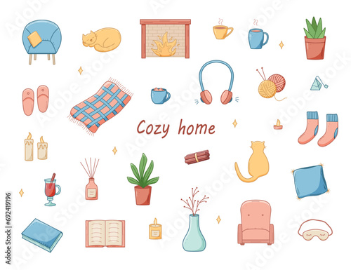 Cozy home set of doodle cartoon icons. Vector illustration elements of home accessories, comfort and everyday life.